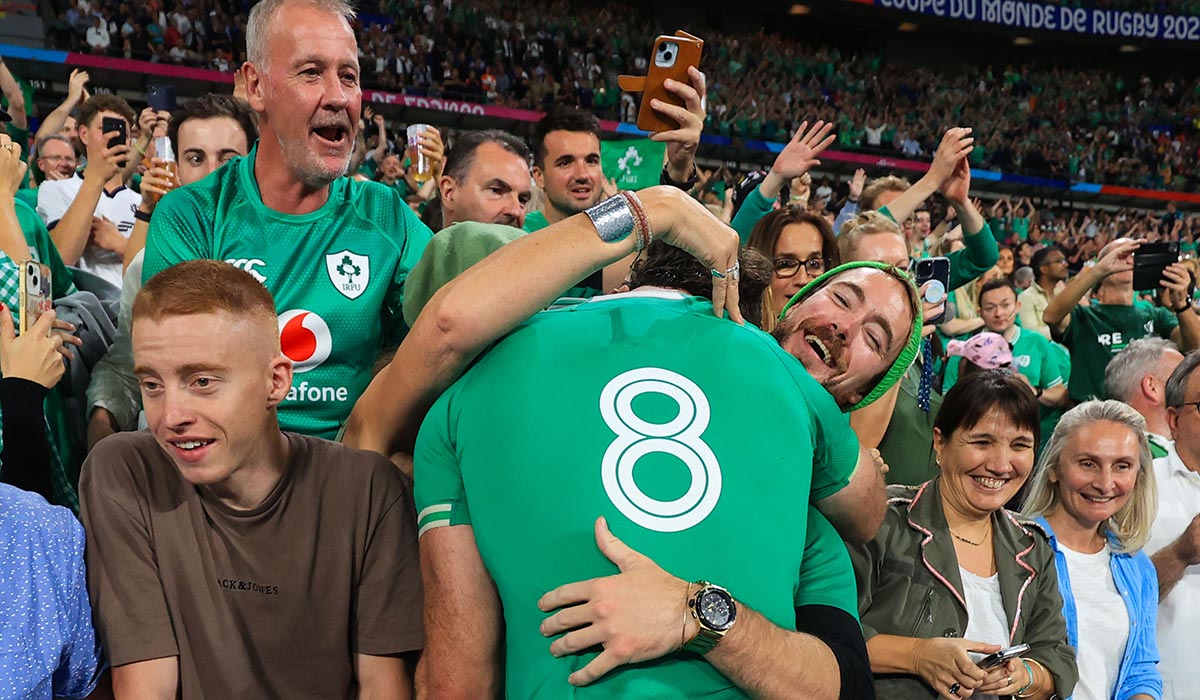 Ireland’s Caelan Doris with his friends after the Ireland vs Scotland during the Rugby World Cup 2023