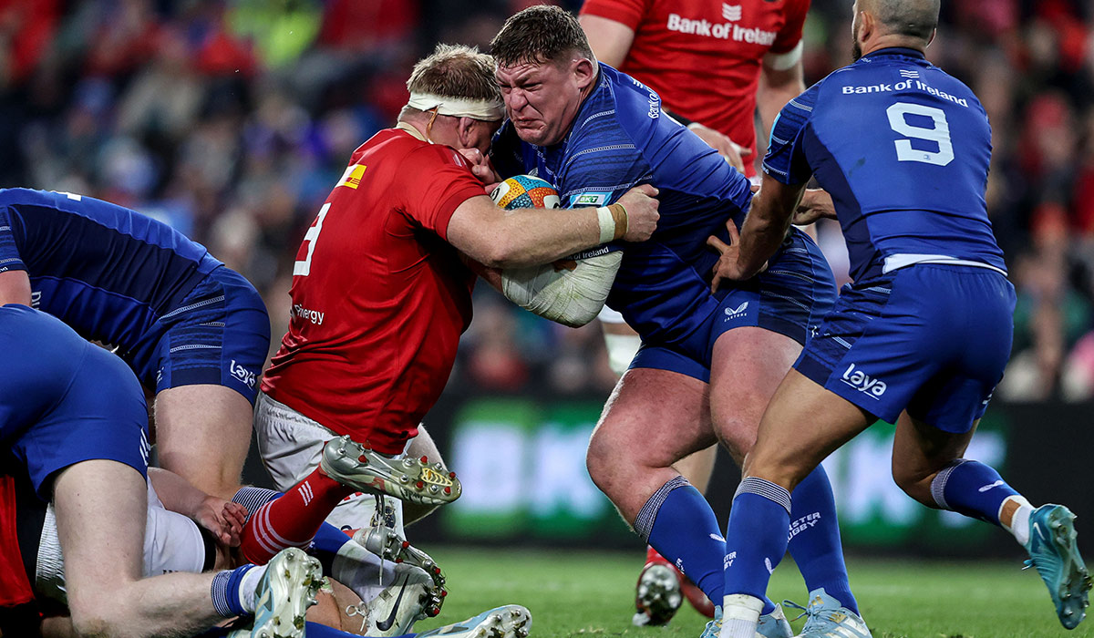 BKT United Rugby Championship, Croke Park, Dublin 12/10/2024 Leinster vs Munster Leinster’s Tadhg Furlong tackled by Stephen Archer of Munster. Pic: INPHO/Dan Sheridan