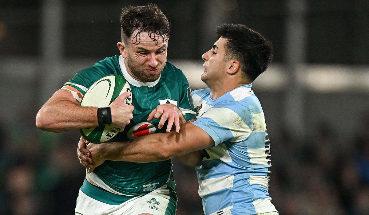 Hugo Keenan of Ireland is tackled by Tomas Albornoz of Argentina during the Autumn Nations Series match between Ireland and Argentina at the Aviva Stadium in Dublin. Pic: Brendan Moran/Sportsfile