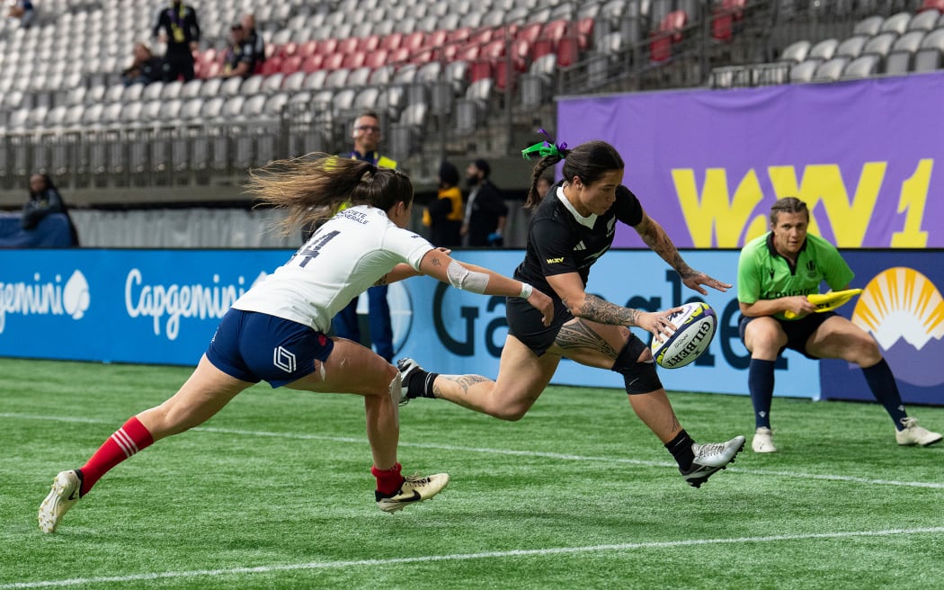 Katelyn Vaha'akolo scores one of her three tries in the Black Ferns' victory over France in the WXV 1 test in Vancouver.
