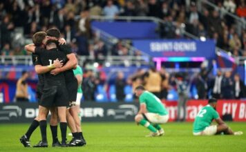 New Zealand celebrate victory over Ireland at the 2023 Rugby World Cup