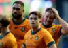 Australian players react after the Autumn Nations series rugby union match between Scotland and Australia in Edinburgh, Sunday, Nov. 24, 2024.(Scott Heppell/AP)