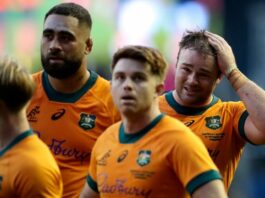 Australian players react after the Autumn Nations series rugby union match between Scotland and Australia in Edinburgh, Sunday, Nov. 24, 2024.(Scott Heppell/AP)