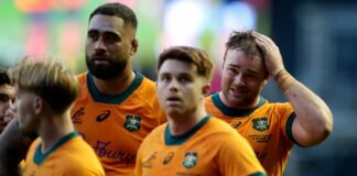 Australian players react after the Autumn Nations series rugby union match between Scotland and Australia in Edinburgh, Sunday, Nov. 24, 2024.(Scott Heppell/AP)