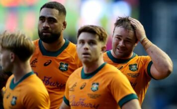Australian players react after the Autumn Nations series rugby union match between Scotland and Australia in Edinburgh, Sunday, Nov. 24, 2024.(Scott Heppell/AP)