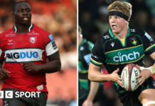 Afolabi Fasogbon and Henry Pollock playing for Gloucester and Northampton Saints