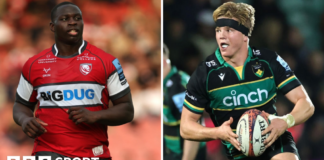 Afolabi Fasogbon and Henry Pollock playing for Gloucester and Northampton Saints