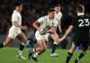 England's Henry Slade runs with the ball in the second test against New Zealand in July 2024.