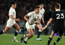 England's Henry Slade runs with the ball in the second test against New Zealand in July 2024.