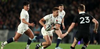 England's Henry Slade runs with the ball in the second test against New Zealand in July 2024.