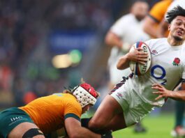 England's Marcus Smith is tackled by Australia's Fraser McReight in the 2024 Autumn International.