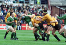 Mullin (centre) won 55 caps for Ireland between 1984 and 1995, scoring 17 tries. File photo: AFP