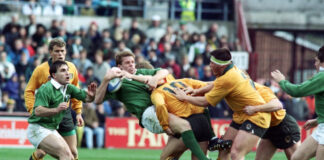 Mullin (centre) won 55 caps for Ireland between 1984 and 1995, scoring 17 tries. File photo: AFP