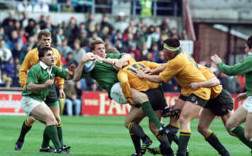 Mullin (centre) won 55 caps for Ireland between 1984 and 1995, scoring 17 tries. File photo: AFP