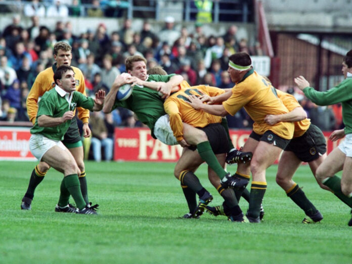 Mullin (centre) won 55 caps for Ireland between 1984 and 1995, scoring 17 tries. File photo: AFP