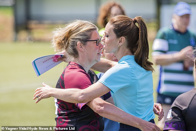 The Princess of Wales hugs Isobelle’s mother, Sarah Renton, at Maidenhead Rugby Club last summer