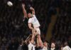 England's George Martin jumps for the ball during a lineout in the November 2024 game against New Zealand