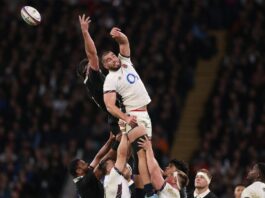 England's George Martin jumps for the ball during a lineout in the November 2024 game against New Zealand