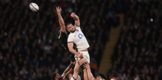 England's George Martin jumps for the ball during a lineout in the November 2024 game against New Zealand