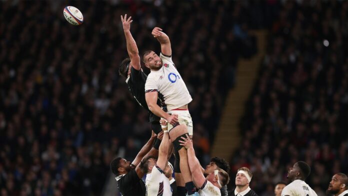 England's George Martin jumps for the ball during a lineout in the November 2024 game against New Zealand