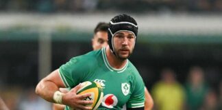 Ireland Autumn Nations Series 2025 captain Caelan Doris runs with the ball wearing a head guard ahead of the Ireland vs New Zealand live stream 