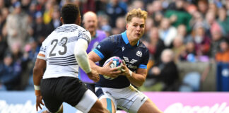 Scotland's Duhan van der Merwe evades a challenge in his team's 2022 autumn international against Fiji.