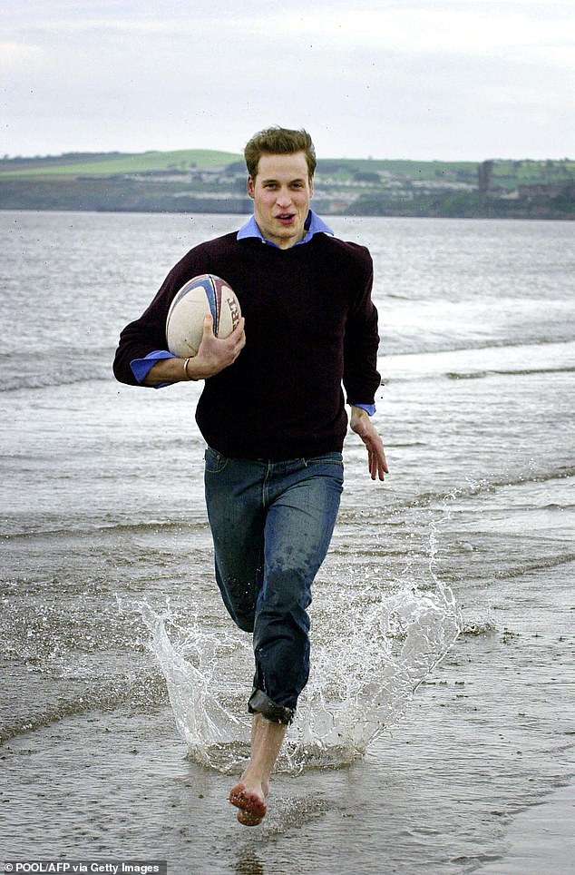 William runs with a rugby ball on the beach at St Andrews during his university days in 2003