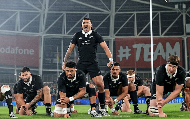 New Zealand's Rieko Ioane leads the haka as team-mates Tyrel Lomax, Ardie Savea,Tupou Vaa'i and Scott Barrett look on. Photograph: Dan Sheridan/Inpho