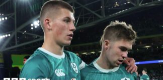 Sam Prendergast (left) with Jack Crowley after Ireland's narrow win over Argentina two weeks ago