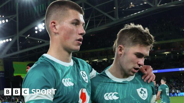 Sam Prendergast (left) with Jack Crowley after Ireland's narrow win over Argentina two weeks ago