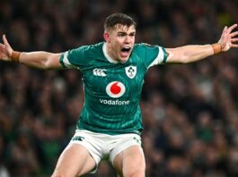 Ireland’s Garry Ringrose remonstrates with arms outstretched during his team's November 2024 match against New Zealand.