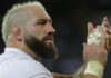 England's Joe Marler celebrates at the end of the Rugby World Cup Pool D match between England and Samoa at the Stade Pierre Mauroy in Villeneuve-d'Ascq, outside Lille, France, Saturday, Oct. 7, 2023. (AP Photo/Michel Spingler) 