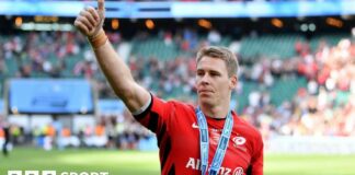 Liam Williams of Saracens celebrates following the Gallagher Premiership Rugby Final between Exeter Chiefs and Saracens at Twickenham