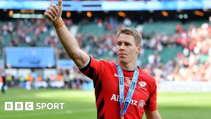 Liam Williams of Saracens celebrates following the Gallagher Premiership Rugby Final between Exeter Chiefs and Saracens at Twickenham