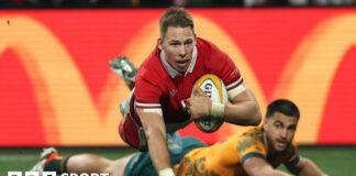 Liam Williams scores a try for Wales against Australia in Melbourne in July this year