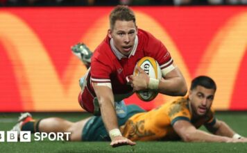 Liam Williams scores a try for Wales against Australia in Melbourne in July this year