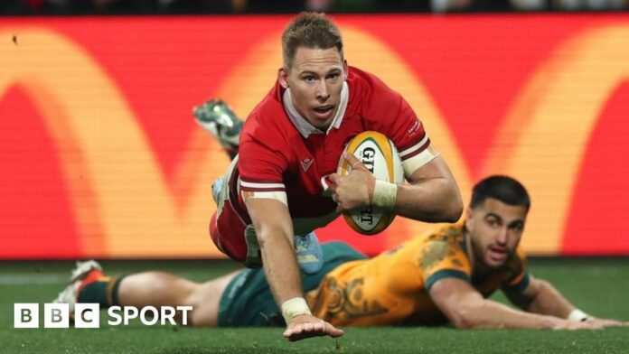 Liam Williams scores a try for Wales against Australia in Melbourne in July this year