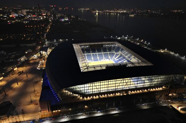 An aerial view shows Everton new stadium under construction at Bramley-Moore Dock on November 4, 2024