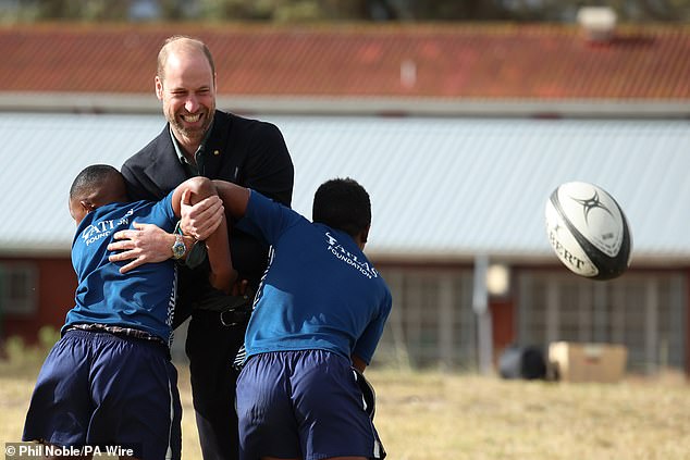 Prince William during a rugby session at Ocean View Secondary School in Cape Town today