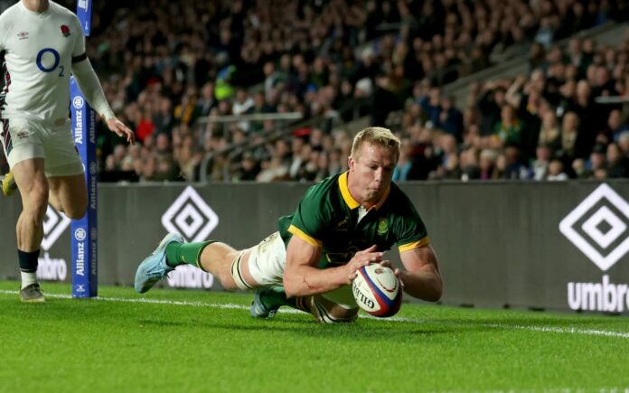 South Africa's Pieter-Steph du Toit scores a try