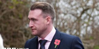 A man in a suit and tie wearing a poppy looks off to the left with trees in the background