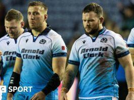 Scotland's Matt Fagerson (L) and Ewan Ashman look dejected at full time during The Famous Grouse Nations Series match between Scotland and South Africa at Scottish Gas Murrayfield