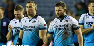 Scotland's Matt Fagerson (L) and Ewan Ashman look dejected at full time during The Famous Grouse Nations Series match between Scotland and South Africa at Scottish Gas Murrayfield