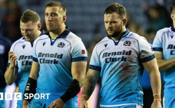 Scotland's Matt Fagerson (L) and Ewan Ashman look dejected at full time during The Famous Grouse Nations Series match between Scotland and South Africa at Scottish Gas Murrayfield