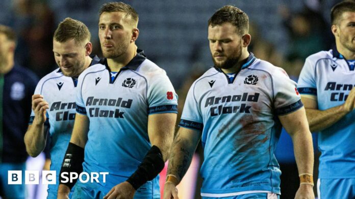 Scotland's Matt Fagerson (L) and Ewan Ashman look dejected at full time during The Famous Grouse Nations Series match between Scotland and South Africa at Scottish Gas Murrayfield