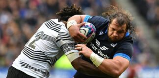 Scotland's Pierre Schoeman is tackled by Fiji's Waisea Nayacalevu during the sides' November 2022 autumn international.