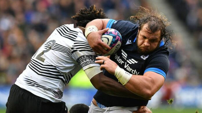 Scotland's Pierre Schoeman is tackled by Fiji's Waisea Nayacalevu during the sides' November 2022 autumn international.