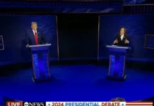 A screenshot of the ABC News-hosted presidential debate between Kamala Harris and Donald Trump in September 2024. The picture illustrates an article about the top 50 most-visited English-language news sites in the world in September 2024.