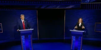 A screenshot of the ABC News-hosted presidential debate between Kamala Harris and Donald Trump in September 2024. The picture illustrates an article about the top 50 most-visited English-language news sites in the world in September 2024.