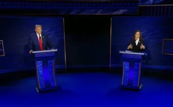 A screenshot of the ABC News-hosted presidential debate between Kamala Harris and Donald Trump in September 2024. The picture illustrates an article about the top 50 most-visited English-language news sites in the world in September 2024.